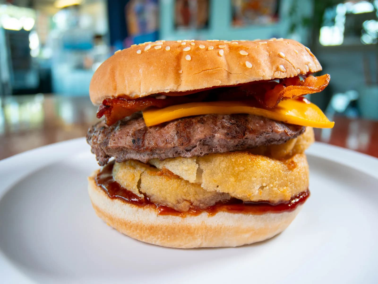 Treasure BBQ Burger with bacon, cheese and crispy onion rings