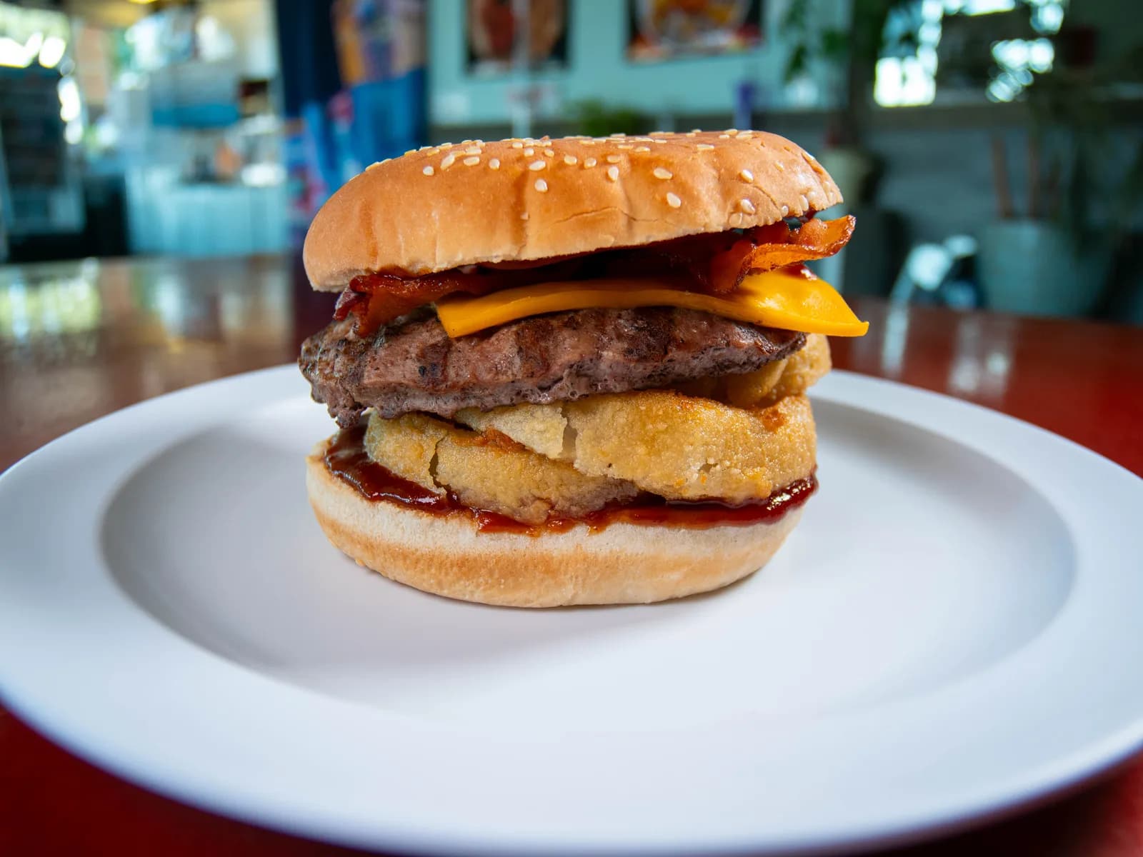 Treasure BBQ Burger with bacon, cheese, onion ring and barbecue sauce