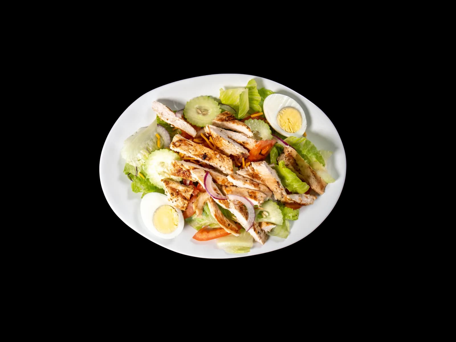 Chicken salad with lettuce, cucumber, tomato, egg and grilled chicken